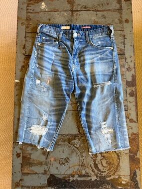 Pilcro Distressed and Patchwork Blue Denim Shorts